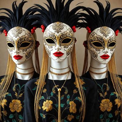 The image features three mannequins wearing masks, with each mannequin having a different mask. The mannequins are positioned in a row, with one on the left, one in the middle, and one on the right. The masks are intricately designed, adding a unique and artistic touch to the scene. The overall atmosphere of the image is creative and visually appealing.